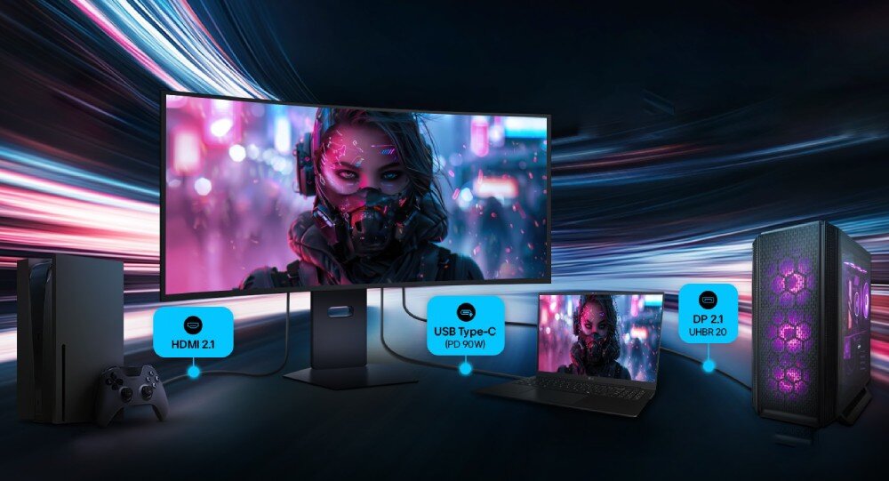 Monitor LG UltraGear OLED 39GX950B-B Monitor podłączony do konsoli, kontrolera, laptopa i komputera stacjonarnego, z zaznaczonymi portami HDMI, USB Type-C i DP