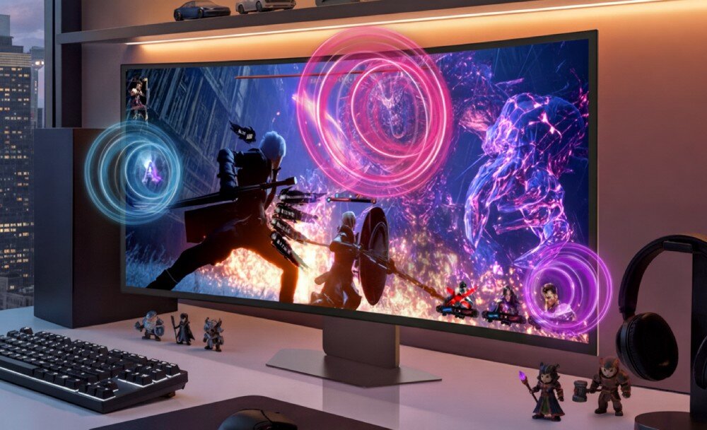 Monitor LG UltraGear OLED 39GX950B-B Monitor na biurku z klawiaturą, figurkami i słuchawkami, wyświetlający scenę z gry z rozchodzącymi się falami dźwiękowymi