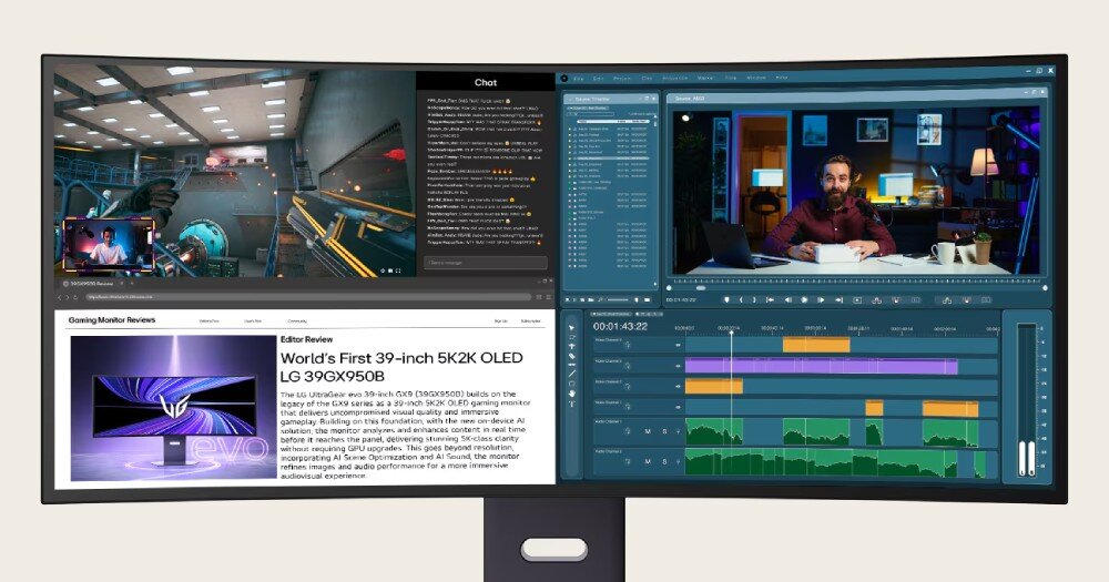 Monitor LG UltraGear OLED 39GX950B-B Szeroki ekran monitora podzielony na okna z grą komputerową, czatem, recenzją oraz programem do edycji wideo