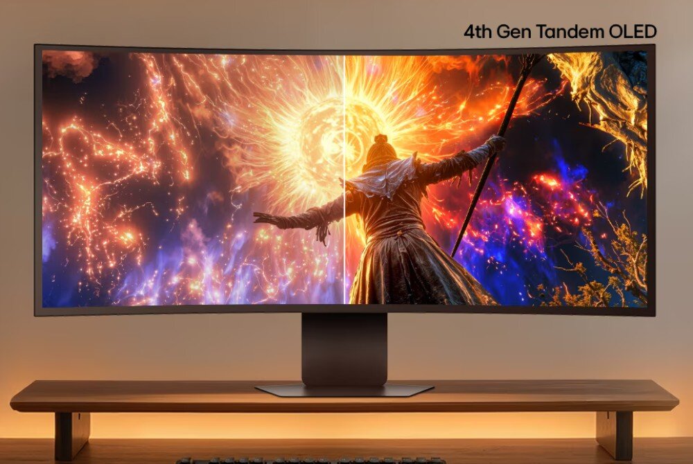 Monitor LG UltraGear OLED 39GX950B-B Zakrzywiony monitor na drewnianym podwyższeniu wyświetla postać na tle eksplozji, podzieloną na dwie połówki różniące się jasnością