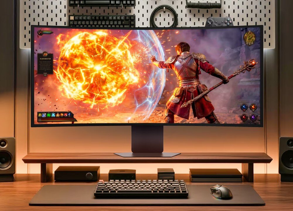 Monitor LG UltraGear OLED 39GX950B-B Monitor zakrzywiony stoi na biurku z klawiaturą i myszką, wyświetlając scenę z gry z postacią i ognista kulą