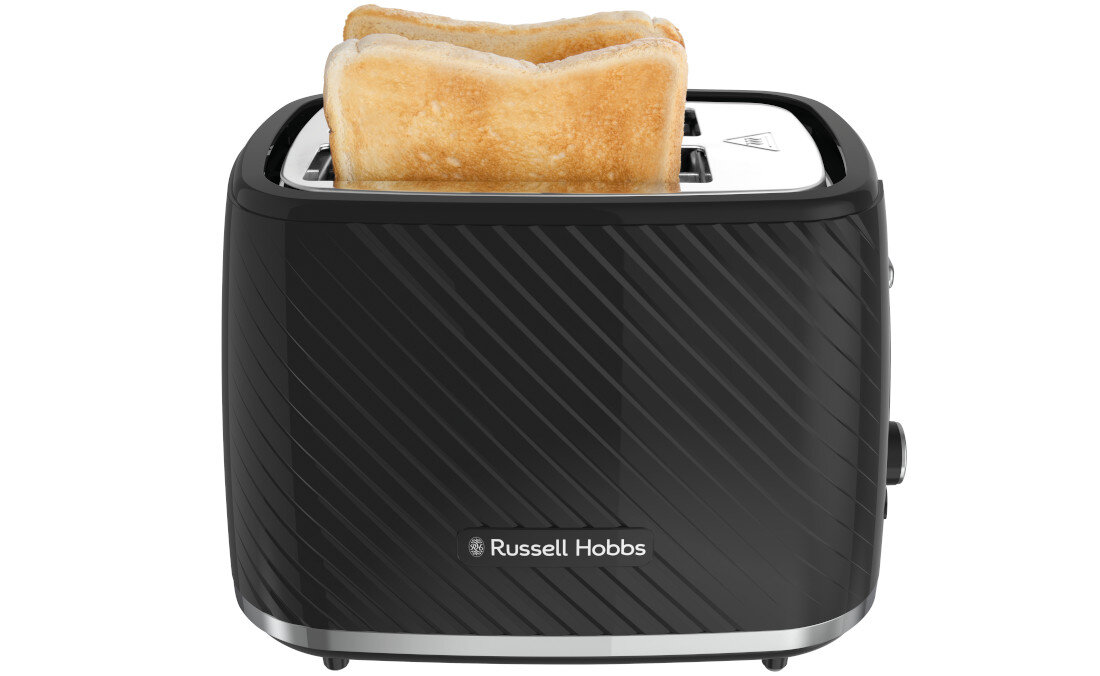 Czarny toster z dwoma kromkami chleba, z logo \'Russell Hobbs\' na przedniej części obudowy.