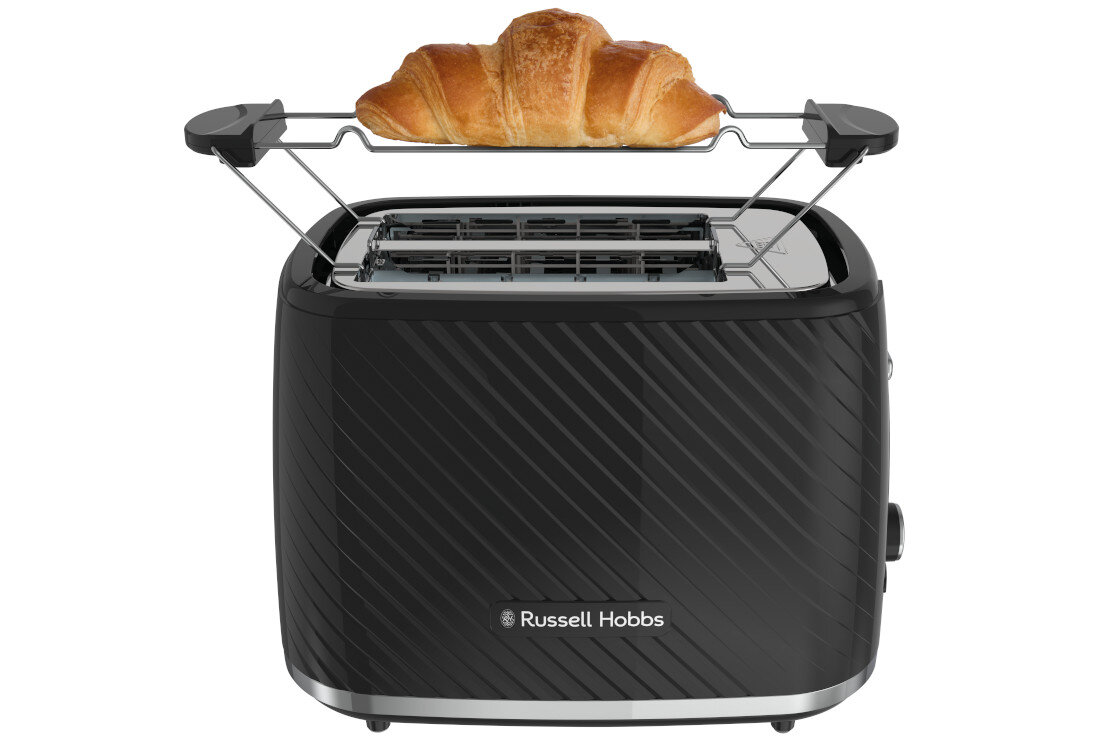 Czarny toster z logo \'Russell Hobbs\' na przedniej części, z umieszczonym na górze rogalikiem na metalowej kratce.