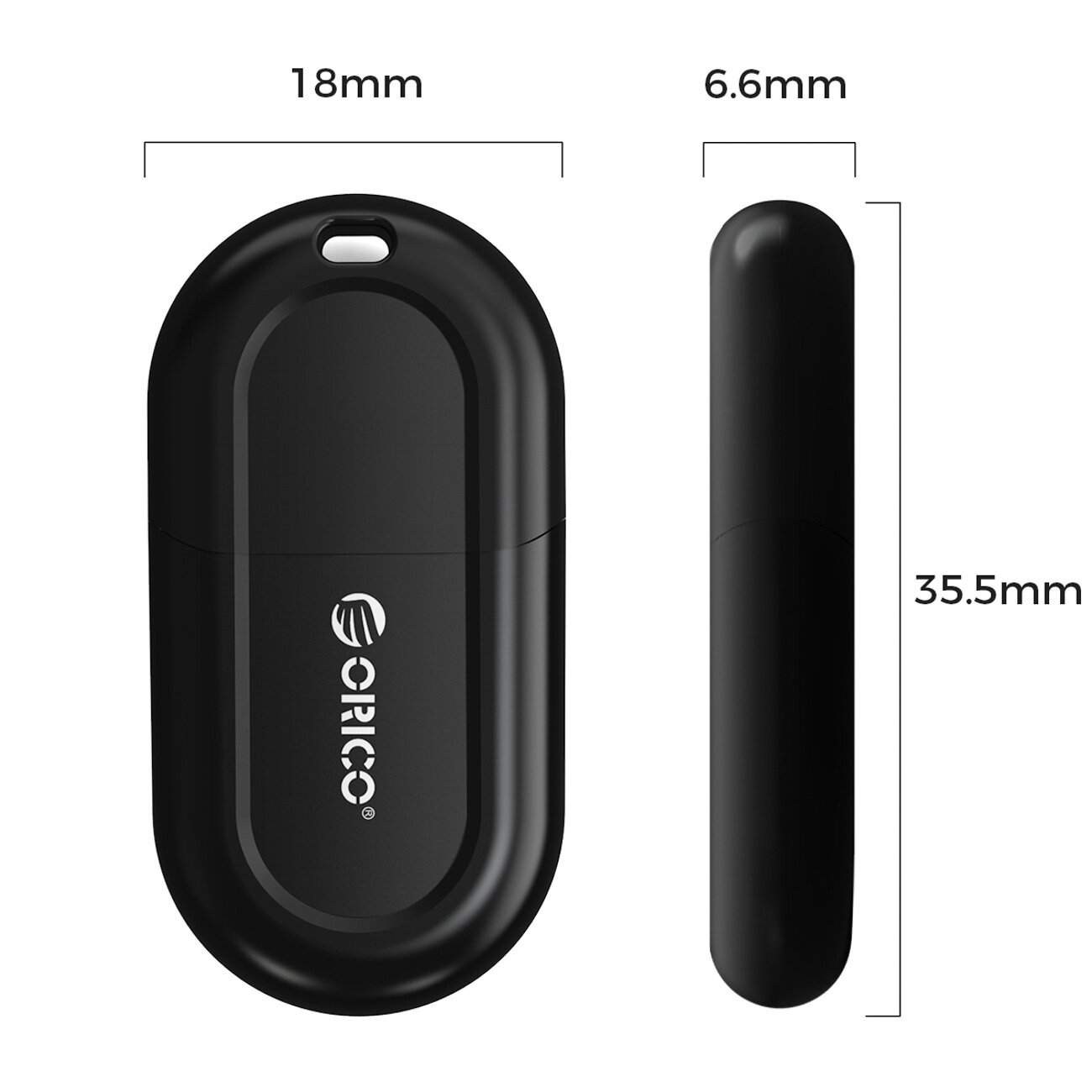 Czarny adapter USB z logo \'Orico\', o wymiarach 18mm x 6.6mm x 35.5mm, przedstawiony z przodu i z boku.
