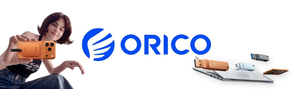 Logo Orico na białym tle, obok którego znajduje się osoba trzymająca pomarańczowe urządzenie oraz kilka urządzeń elektronicznych unoszących się nad laptopem.