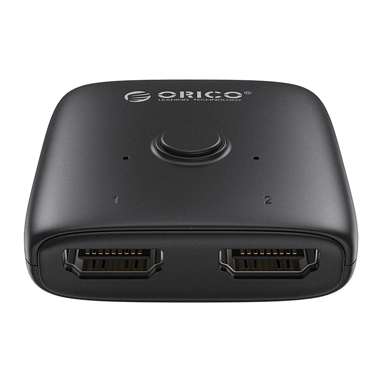 Czarny adapter z dwoma portami HDMI oznaczonymi cyframi 1 i 2 oraz przyciskiem na górze. Na powierzchni widoczne jest logo \'ORICO Leading Technology\'.