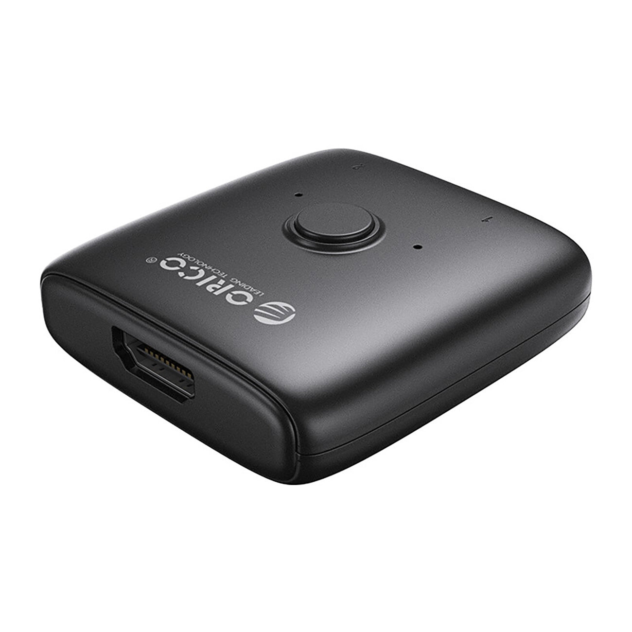 Czarny adapter HDMI z logo \'Orico\' na górze, posiada jeden port HDMI i przycisk na powierzchni.