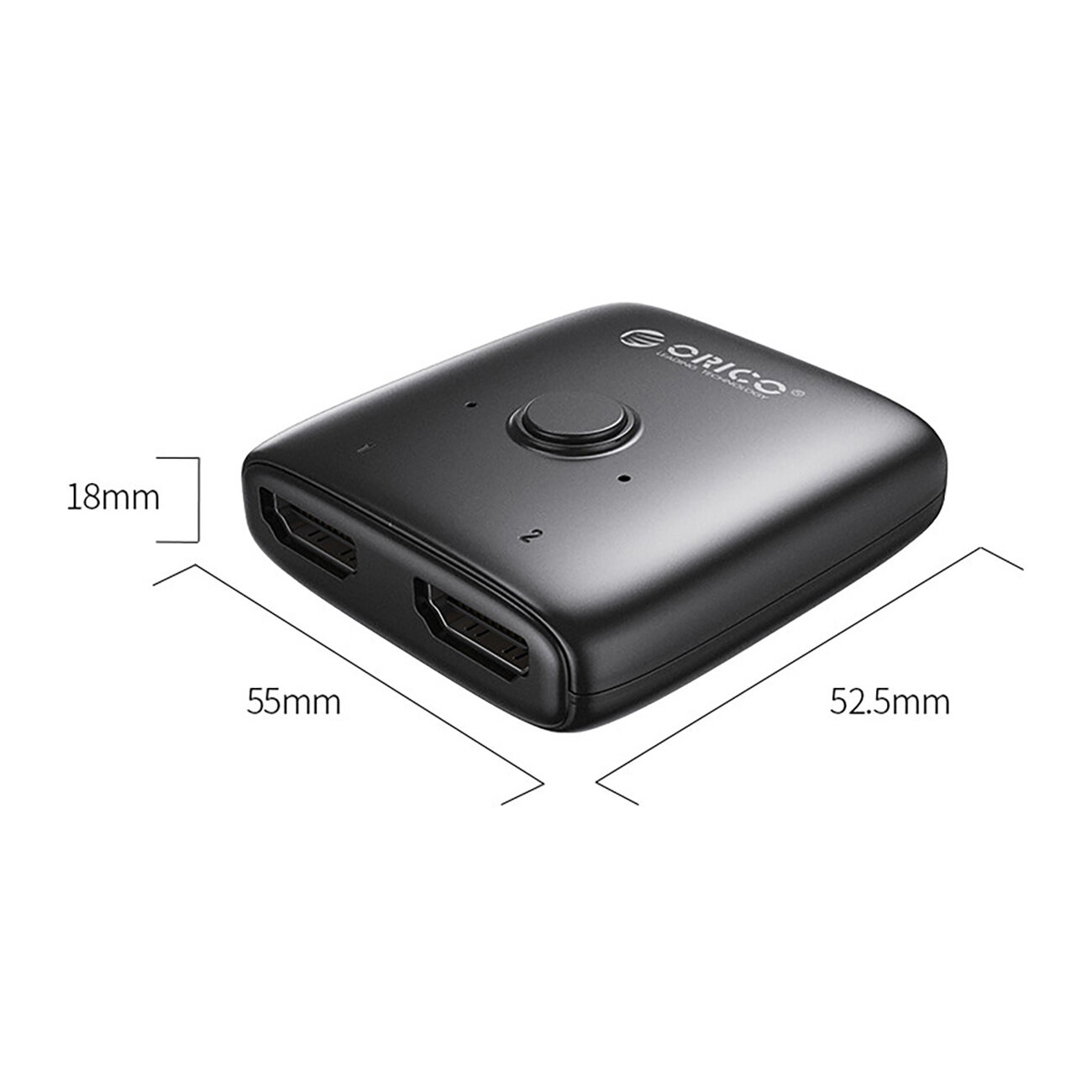 Czarny adapter HDMI z dwoma portami i przyciskiem na górze. Wymiary to 55mm x 52.5mm x 18mm, widoczne jest logo \'Orico\'.