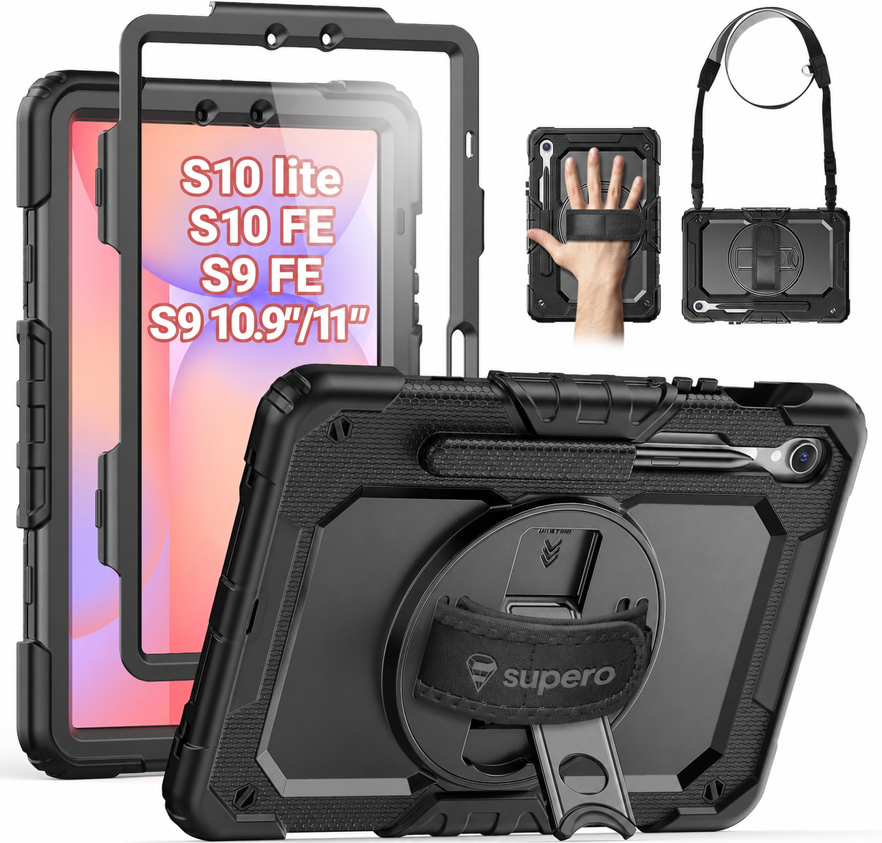 Obraz przedstawia czarne etui pancerne na tablet z uchwytem na rękę i paskiem na ramię. Widoczny tekst: \'S10 lite, S10 FE, S9 FE, S9 10.9\
