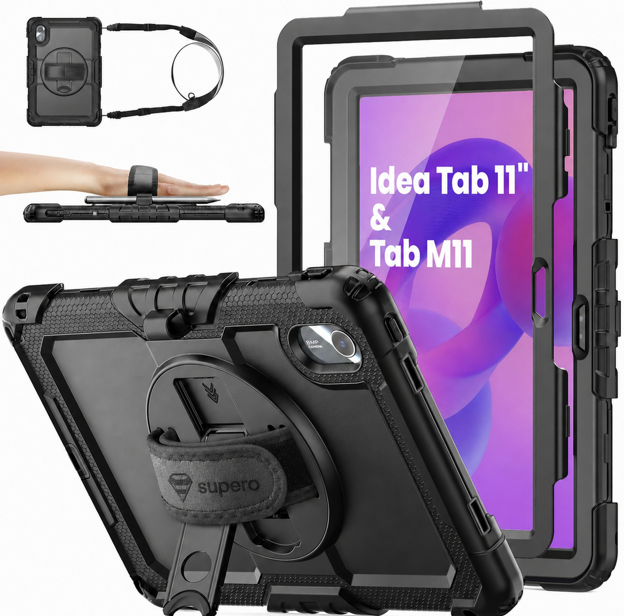 Obraz przedstawia pancerne etui na tablet z uchwytem, z widocznym napisem \'Idea Tab 11\