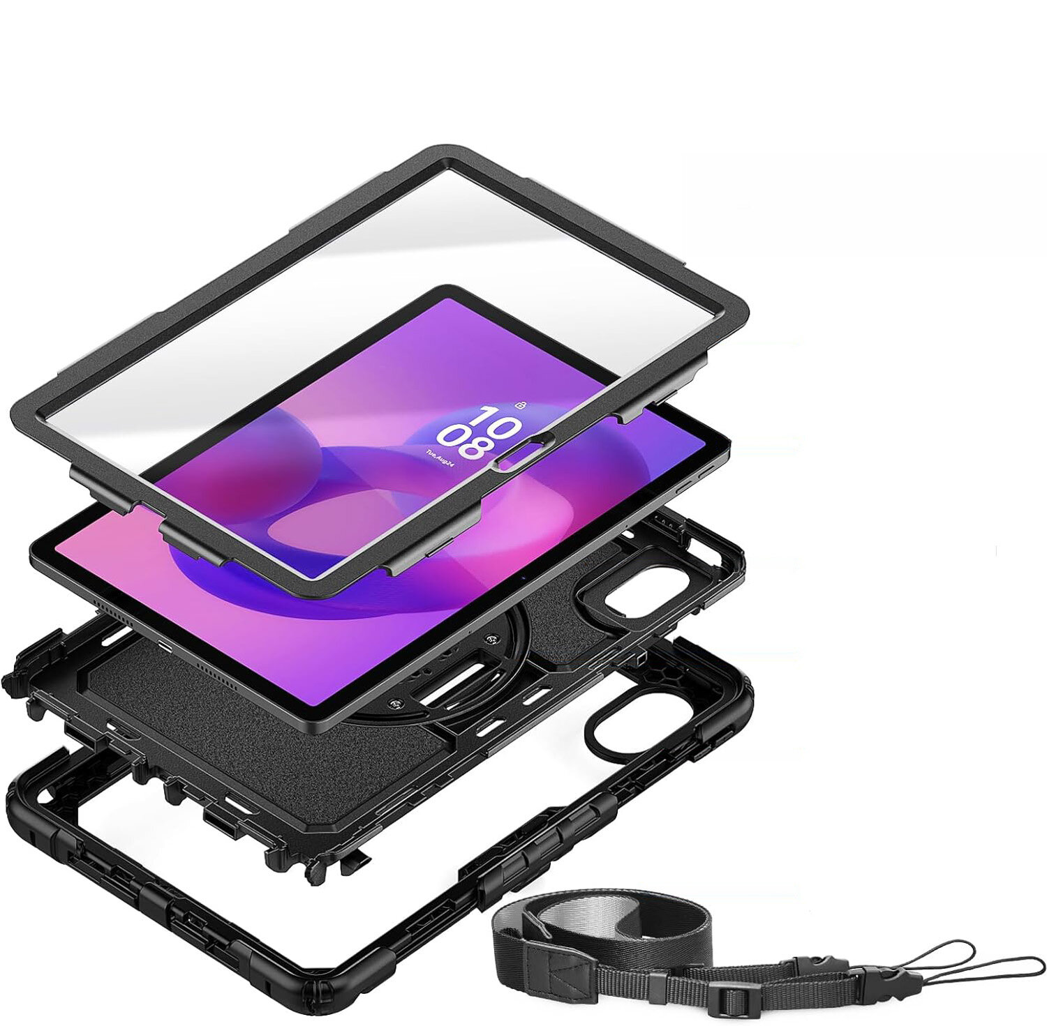 Obraz przedstawia etui pancerne na tablet, składające się z kilku warstw ochronnych i uchwytu. Obok znajduje się pasek do noszenia, a na ekranie tabletu widoczny jest czas 10:08.
