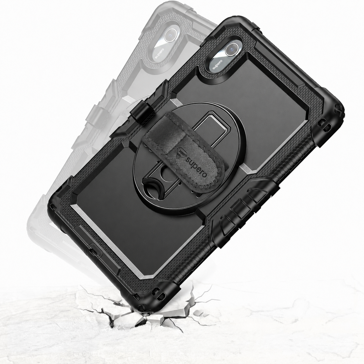 Obraz przedstawia czarne etui pancerne na tablet z uchwytem, z widocznym logo \'supcase\'. Etui leży na powierzchni z pęknięciami, co sugeruje jego wytrzymałość.