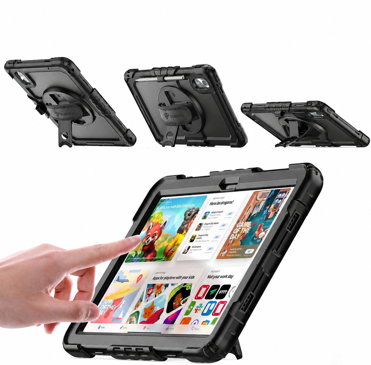 Obraz przedstawia etui pancerne na tablet z uchwytem, w różnych pozycjach. Na ekranie tabletu widoczne są kolorowe aplikacje i grafiki.