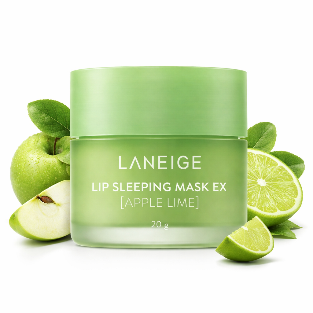 Zielony słoiczek z napisem \'LANEIGE LIP SLEEPING MASK EX [APPLE LIME] 20 g\', otoczony kawałkami jabłka i limonki.