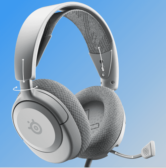 Białe słuchawki nauszne z mikrofonem, z widocznym logo SteelSeries na nauszniku. Na pałąku i nausznikach znajduje się szara, teksturowana wyściółka.