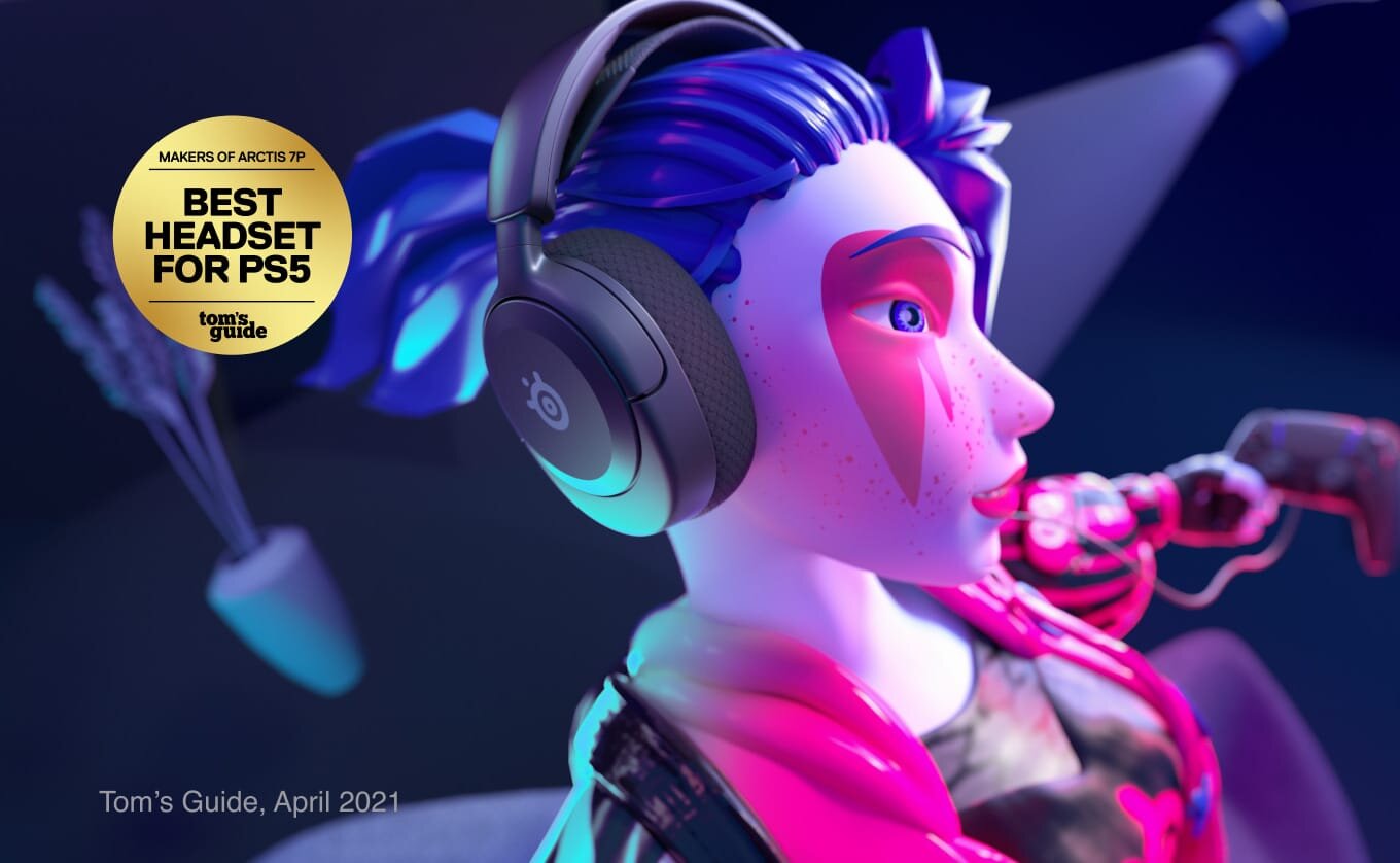 Postać z niebieskimi włosami nosi słuchawki z widocznym logo producenta. Na obrazie znajduje się tekst: \'MAKERS OF ARCTIS 7P BEST HEADSET FOR PS5 tom\'s guide\' oraz \'Tom\'s Guide, April 2021\'.