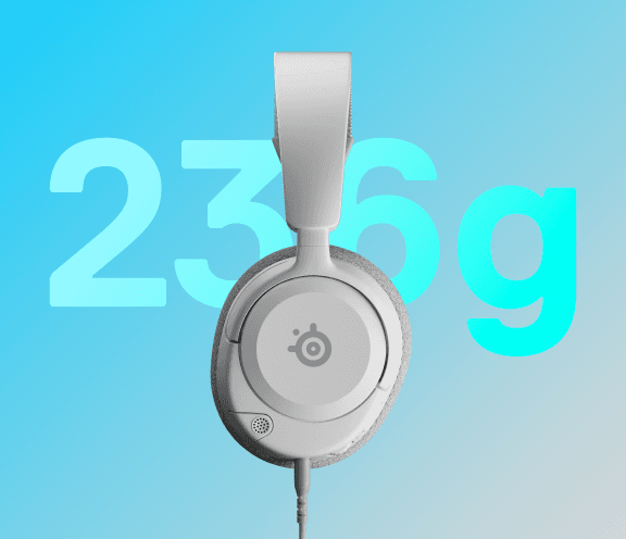 Na obrazie widoczne są białe słuchawki na tle gradientu niebieskiego z dużym napisem \'236g\'. Na nauszniku znajduje się logo producenta.