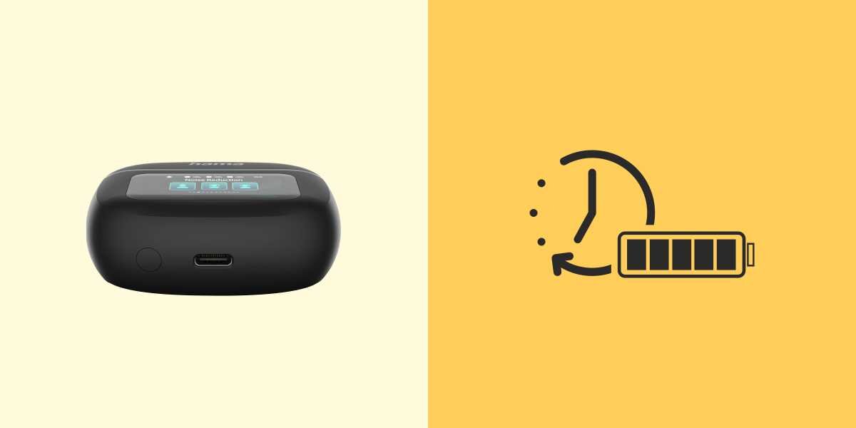 Po lewej stronie widoczna jest czarna obudowa z portem USB-C, a po prawej ikona zegara z baterią na żółtym tle.