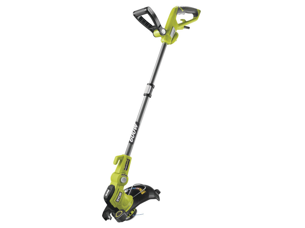 Na obrazie widoczna jest podkaszarka elektryczna w kolorze zielonym z czarnymi elementami. Na urządzeniu znajduje się logo \'RYOBI\'.