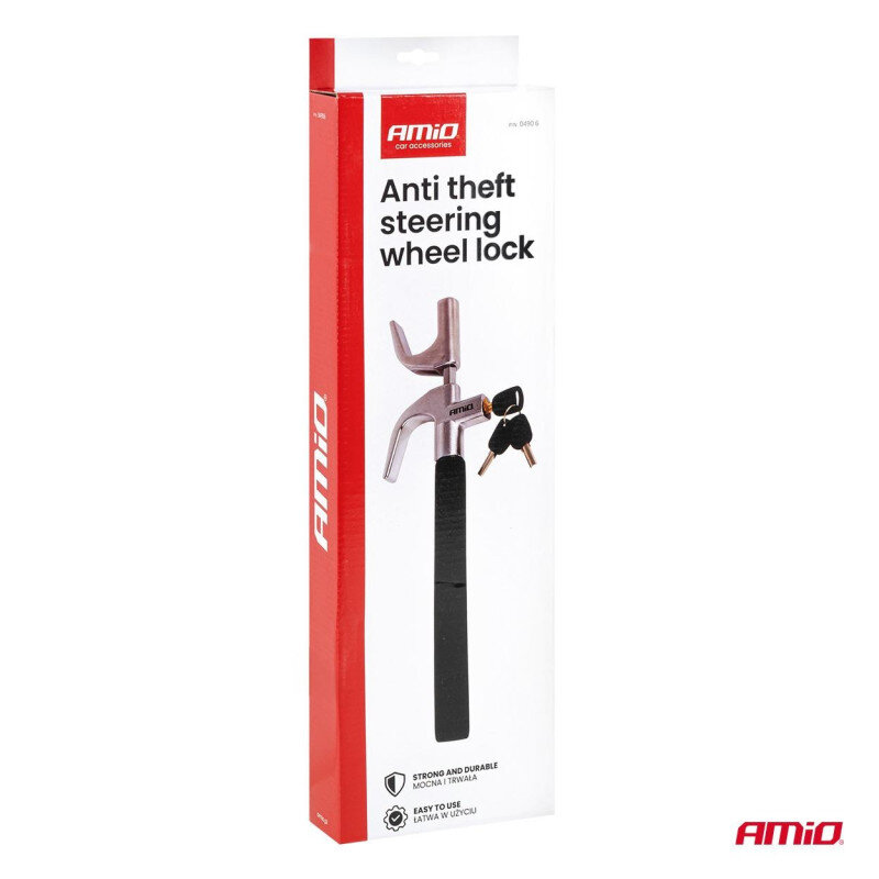 Opakowanie produktu z napisem \'Anti theft steering wheel lock\' oraz logo \'AMiO\'. Widoczny jest obrazek blokady kierownicy i dwa klucze.