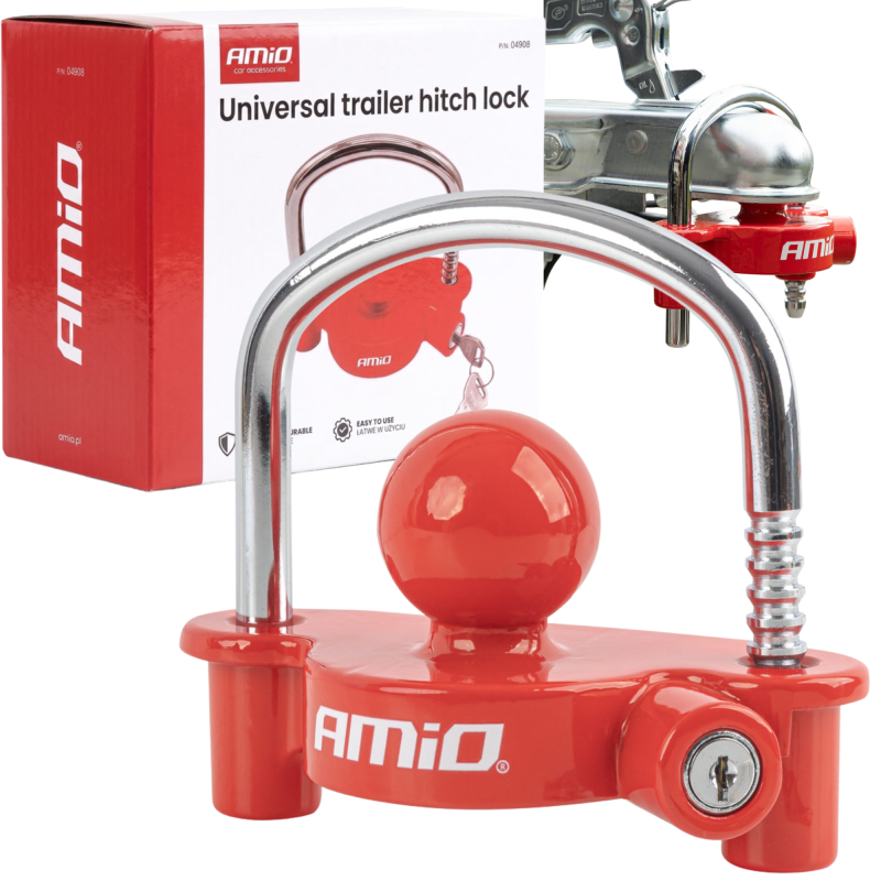 Na obrazie widoczna jest czerwona blokada zaczepu przyczepy z logo \'AMiO\' oraz opakowanie z napisem \'Universal trailer hitch lock\'.