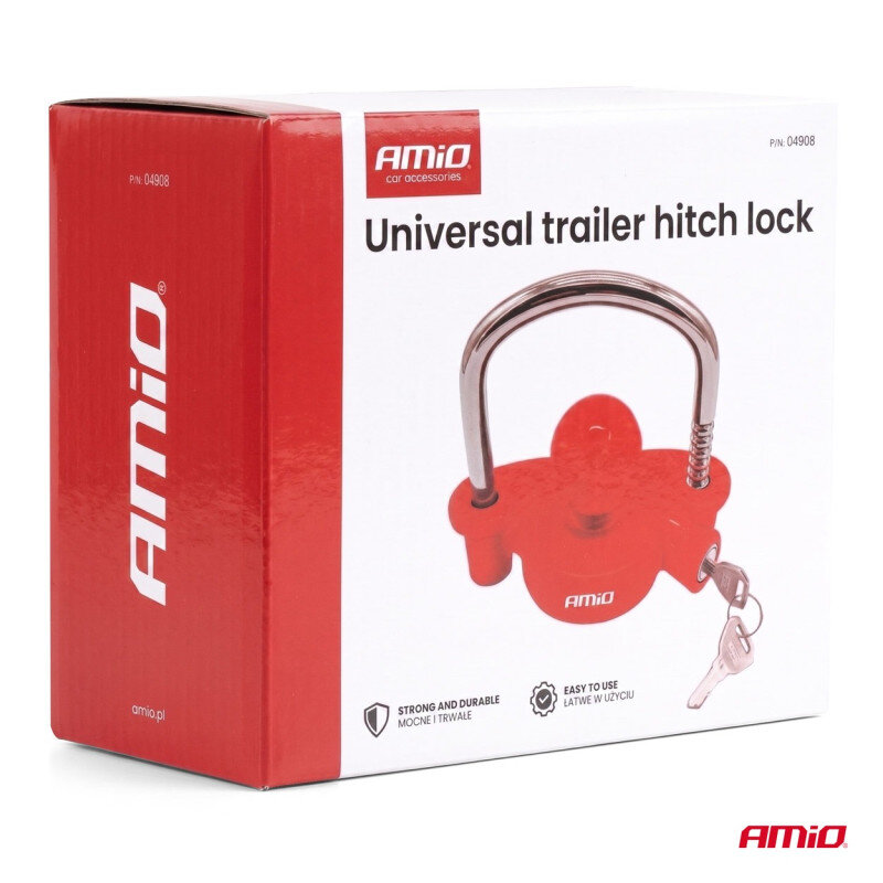 Opakowanie produktu z napisem \'Universal trailer hitch lock\' oraz logo \'AMiO\'. Widoczny jest obrazek czerwonej blokady zaczepu przyczepy z dwoma kluczami.