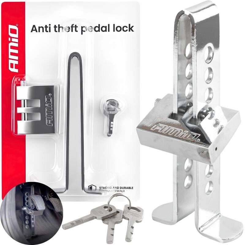 Na obrazie widoczna jest blokada antykradzieżowa pedału z napisem \'AMiO\' oraz klucze. Opakowanie zawiera tekst \'Anti theft pedal lock\' i \'Strong and durable\'.