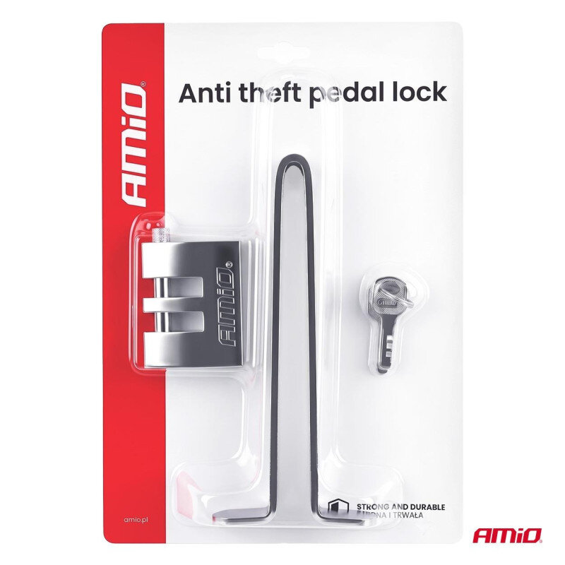 Opakowanie zawiera blokadę antykradzieżową pedału z napisem \'AMiO\' oraz klucz. Na opakowaniu widnieje tekst \'Anti theft pedal lock\' oraz \'STRONG AND DURABLE TRWAŁA I TRWAŁA\'.