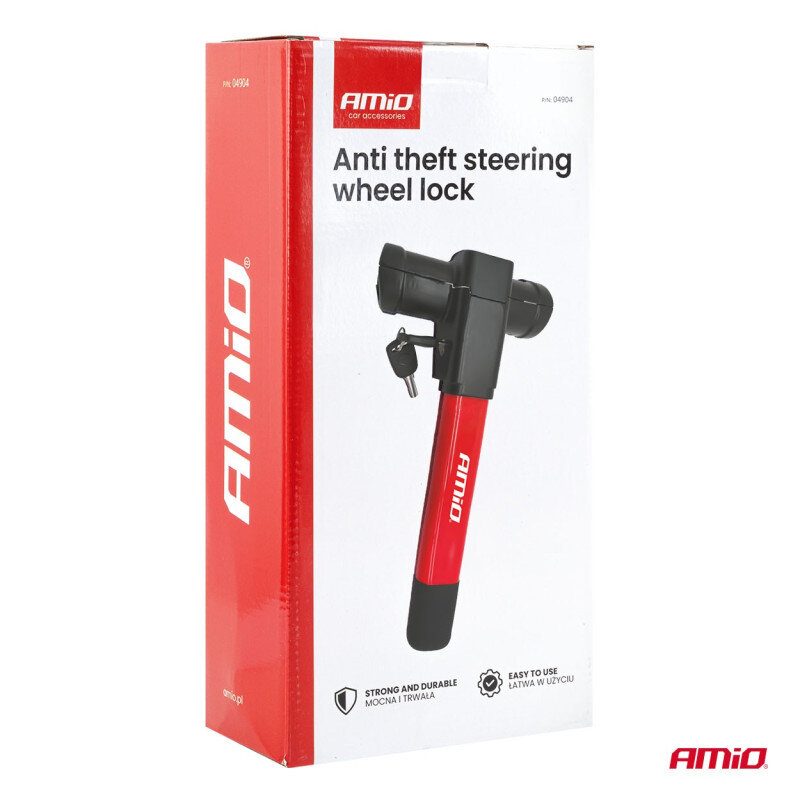Opakowanie produktu z napisem \'AMiO Anti theft steering wheel lock\'. Widoczny jest obrazek blokady kierownicy oraz logo AMiO.
