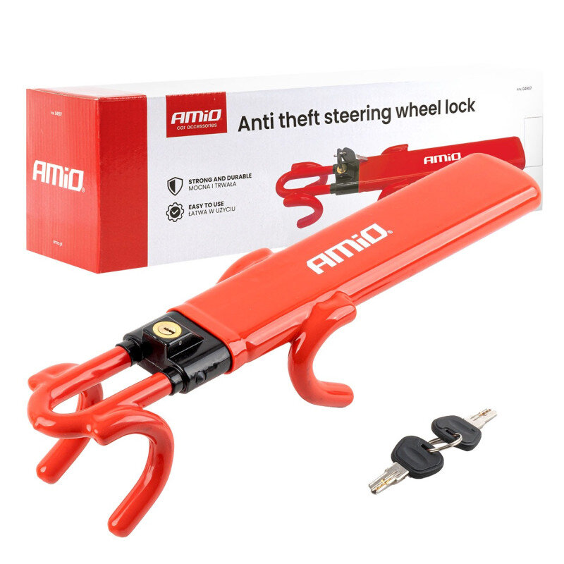 Na obrazie widoczna jest czerwona blokada kierownicy z napisem \'AMiO\' oraz dwa klucze. W tle znajduje się pudełko z napisem \'Anti theft steering wheel lock\' oraz logo \'AMiO\'.
