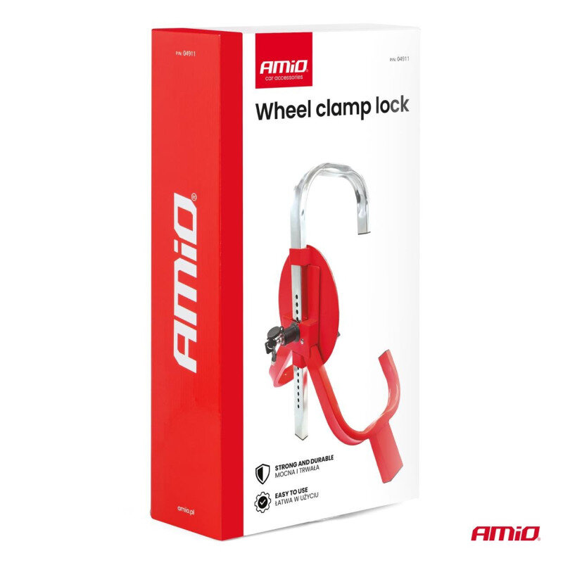 Opakowanie produktu z napisem \'AMiO Wheel clamp lock\' oraz zdjęciem czerwonej blokady na koło. Na opakowaniu znajdują się również ikony z napisami \'STRONG AND DURABLE MOCNA I TRWAŁA\' oraz \'EASY TO USE ŁATWA W UŻYCIU\'.