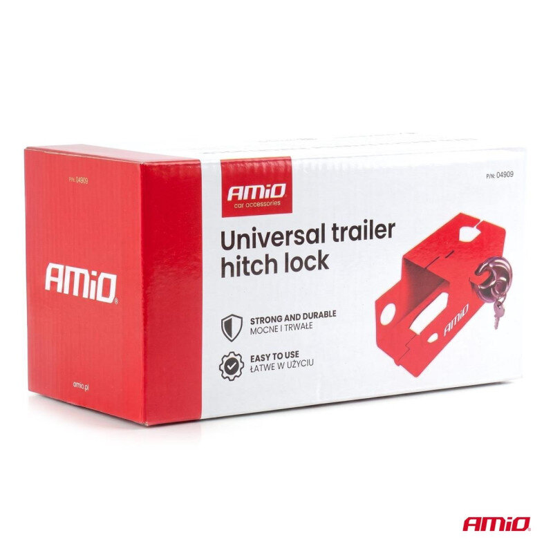 Opakowanie produktu z napisem \'Universal trailer hitch lock\' oraz logo \'AMiO\'. Widoczna jest grafika czerwonej blokady zaczepu przyczepy i klucz.