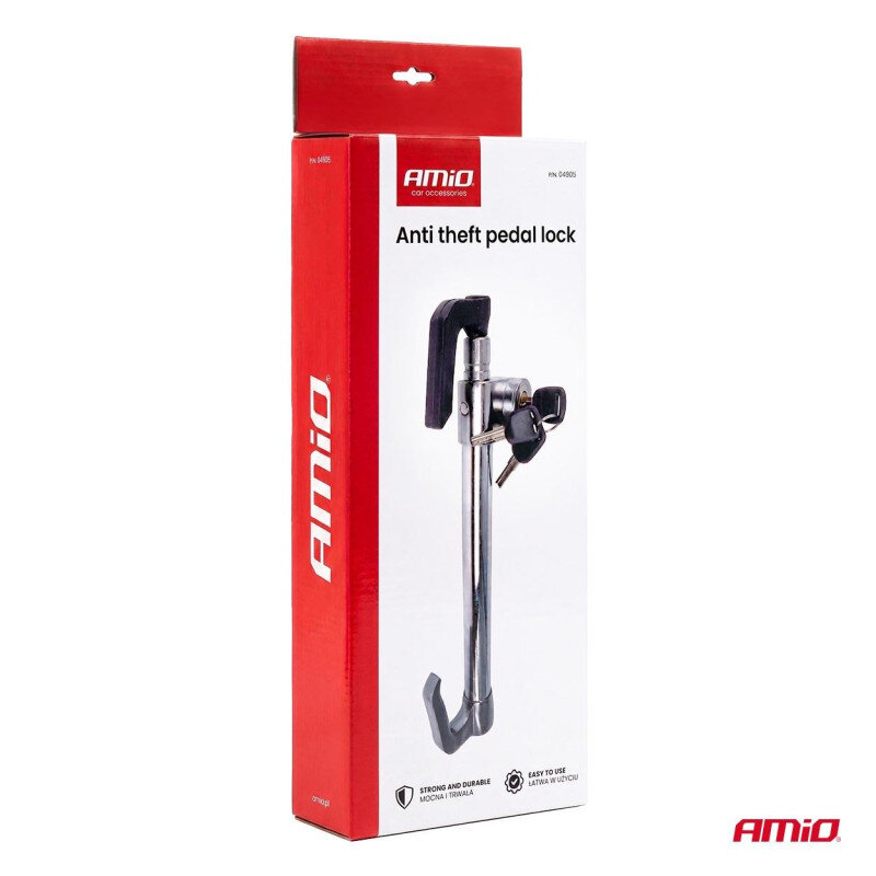 Opakowanie produktu z napisem \'AMiO car accessories Anti theft pedal lock\'. Widoczny jest obrazek blokady antykradzieżowej oraz logo AMiO.