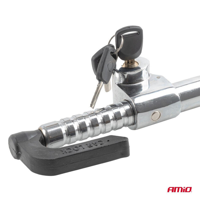 Na obrazie widoczna jest metalowa blokada antykradzieżowa z kluczem w zamku oraz gumową osłoną z napisem \'CAR LOCK\'. W prawym dolnym rogu znajduje się logo \'AMiO\'.