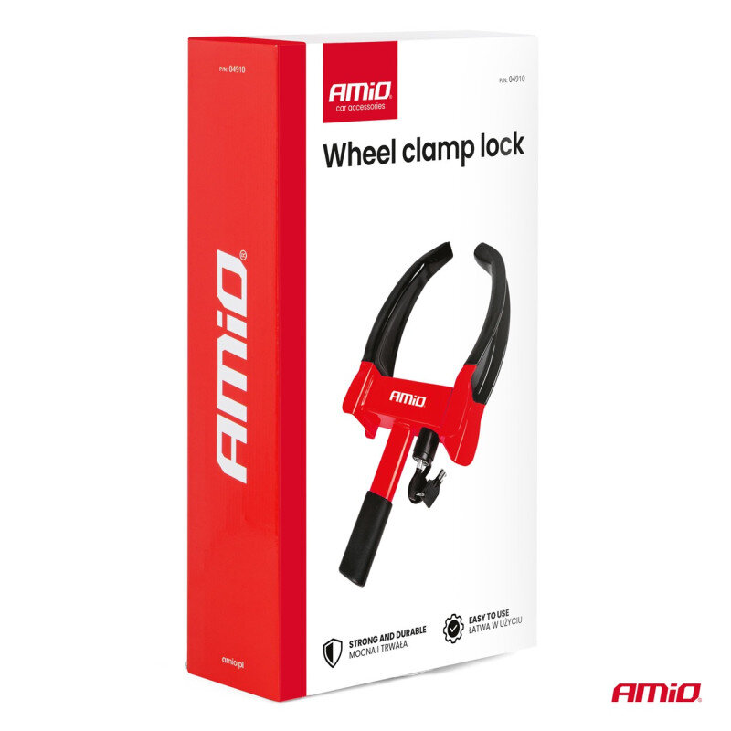 Opakowanie produktu z napisem \'AMiO car accessories\' oraz \'Wheel clamp lock\'. Widoczna jest ilustracja czerwono-czarnej blokady na koło z logo AMiO.