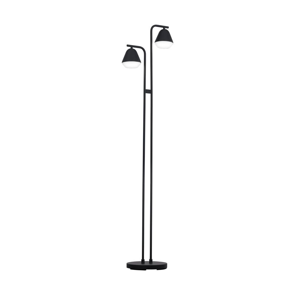 Czarna lampa podłogowa z dwoma cylindrycznymi kloszami umieszczonymi na smukłym pionowym stelażu. Podstawa lampy jest okrągła.