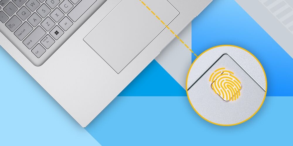 Obraz przedstawia fragment laptopa z widocznym touchpadem, na którym znajduje się ikona odcisku palca w żółtym okręgu. Klawiatura laptopa jest częściowo widoczna, a tło jest w odcieniach niebieskiego.