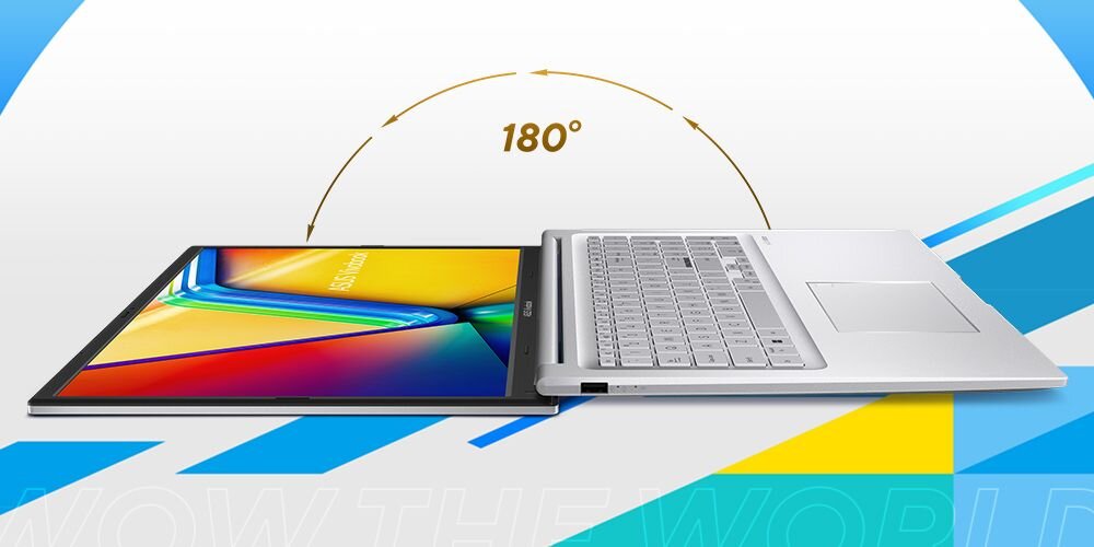 Laptop ASUS Vivobook 17 jest rozłożony na płasko, tworząc kąt 180 stopni. Na ekranie widoczny jest kolorowy wzór, a nad laptopem znajduje się napis \'180°\'.