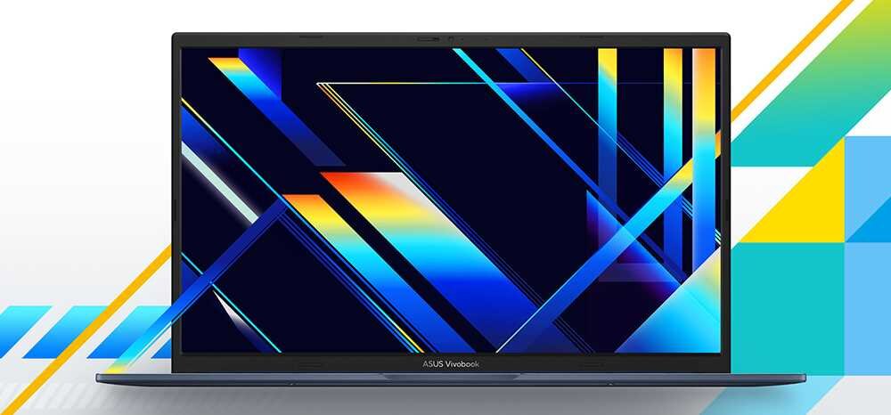 Laptop z wyświetlaczem pokazującym abstrakcyjną grafikę z kolorowymi liniami i kształtami na ciemnym tle. Na dolnej ramce ekranu widoczny jest napis \'ASUS Vivobook\'.