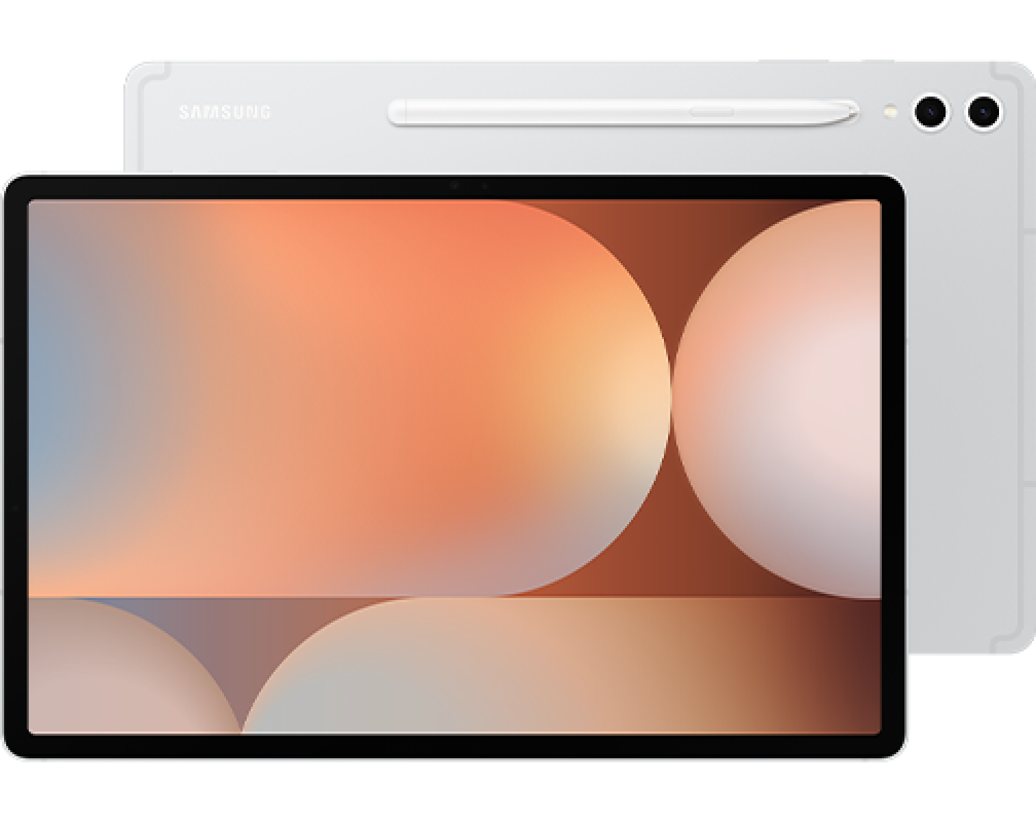 Tablet z dużym ekranem wyświetlający abstrakcyjny wzór w odcieniach pomarańczowego i beżowego. W tle widoczny jest tył urządzenia z logo \'SAMSUNG\' oraz rysik przymocowany magnetycznie.