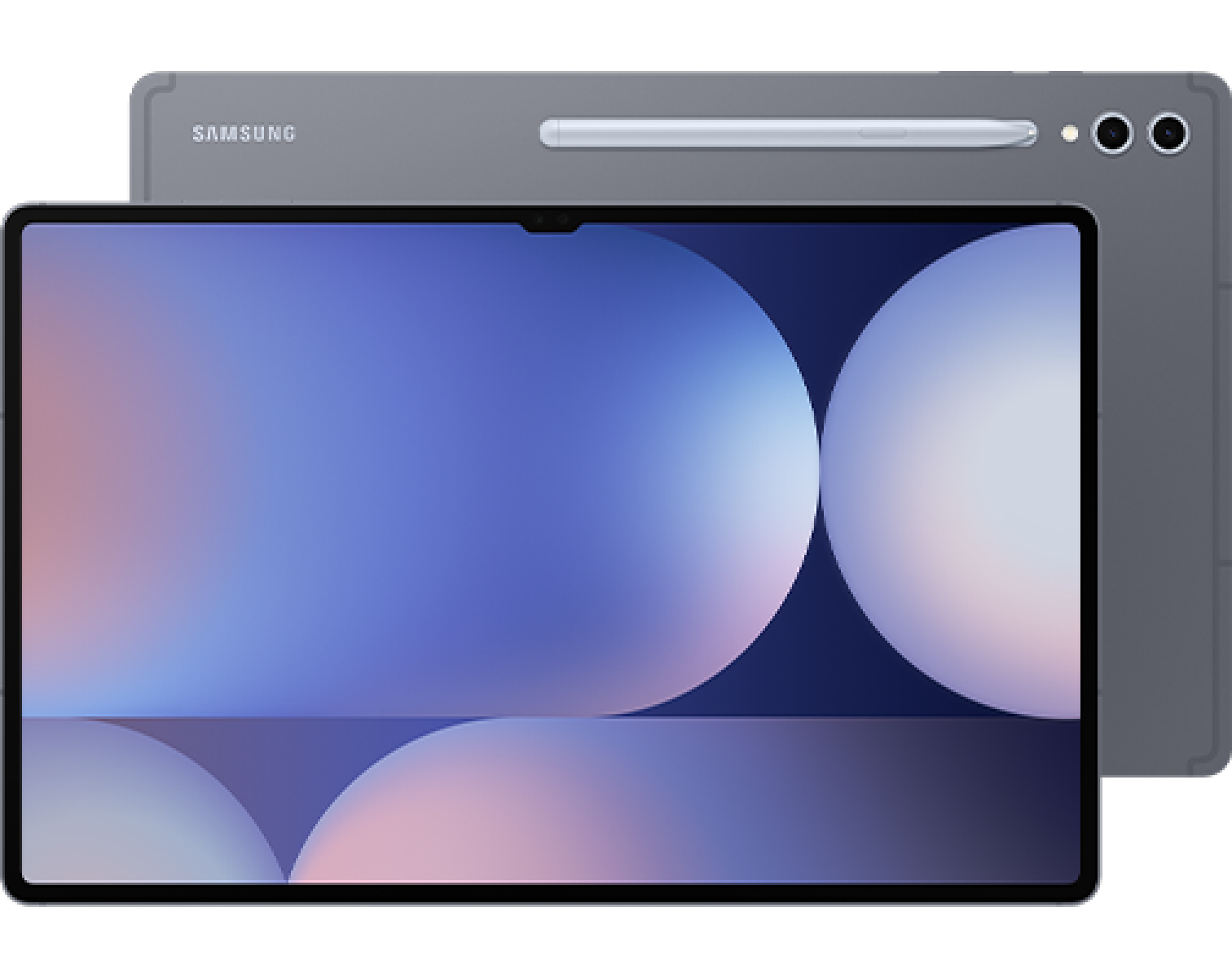 Tablet z dużym ekranem wyświetlającym abstrakcyjne, kolorowe wzory. Na obudowie widoczne jest logo \'SAMSUNG\' oraz przymocowany rysik.