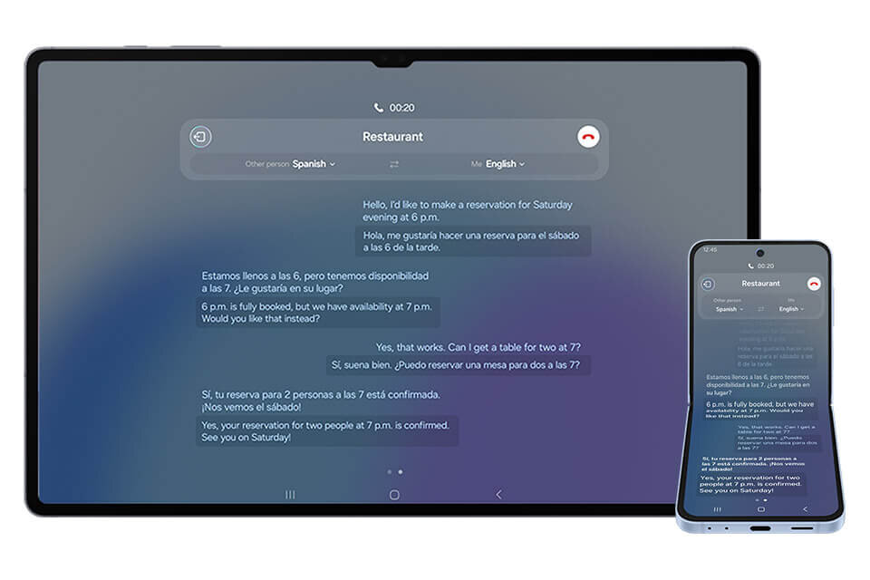 Obraz przedstawia tablet i smartfon z wyświetlonym ekranem rozmowy tekstowej dotyczącej rezerwacji w restauracji. Na ekranie widoczny jest tekst w języku angielskim i hiszpańskim, dotyczący potwierdzenia rezerwacji na sobotę o 19:00.