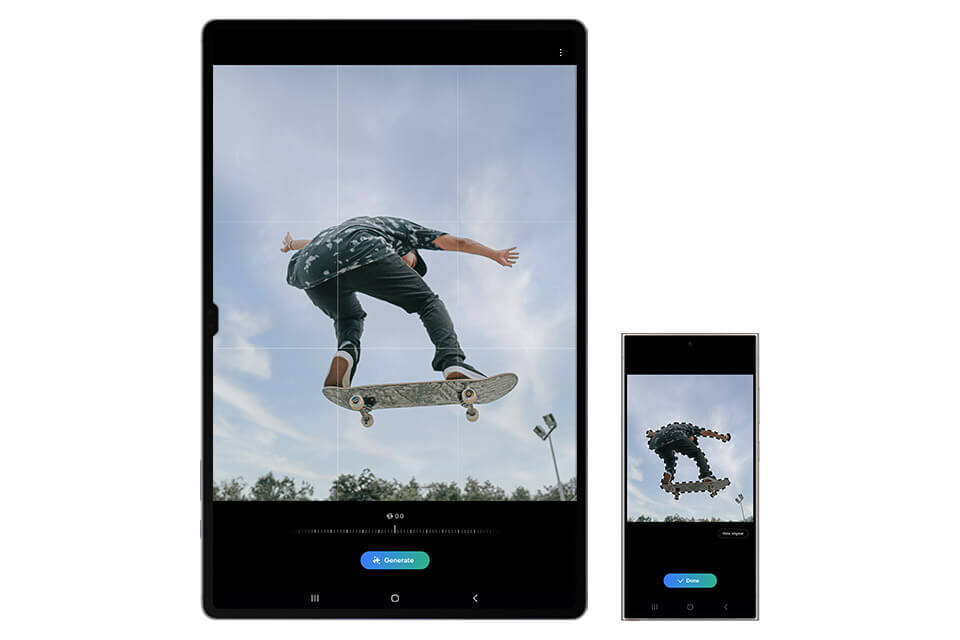 Obraz przedstawia tablet i smartfon z wyświetlonym zdjęciem osoby wykonującej trik na deskorolce na tle nieba. Na ekranach widoczny jest przycisk z napisem \'Generate\'.