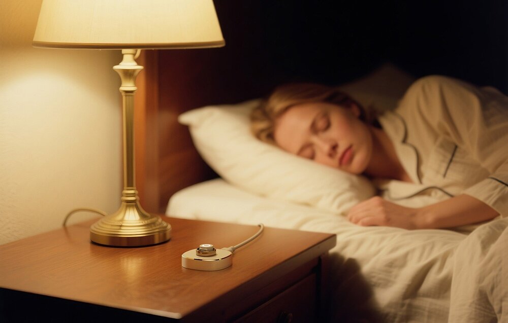 Na drewnianym stoliku nocnym stoi lampa z jasnym abażurem, obok której leży małe urządzenie elektroniczne z okrągłym elementem. W tle osoba śpiąca w łóżku.