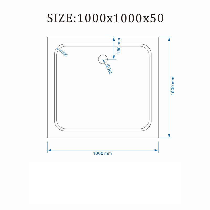 Schemat kwadratowego brodzika prysznicowego z wymiarami 1000x1000x50 mm. Widoczny jest otwór odpływowy o średnicy 90 mm, umieszczony 190 mm od krawędzi.