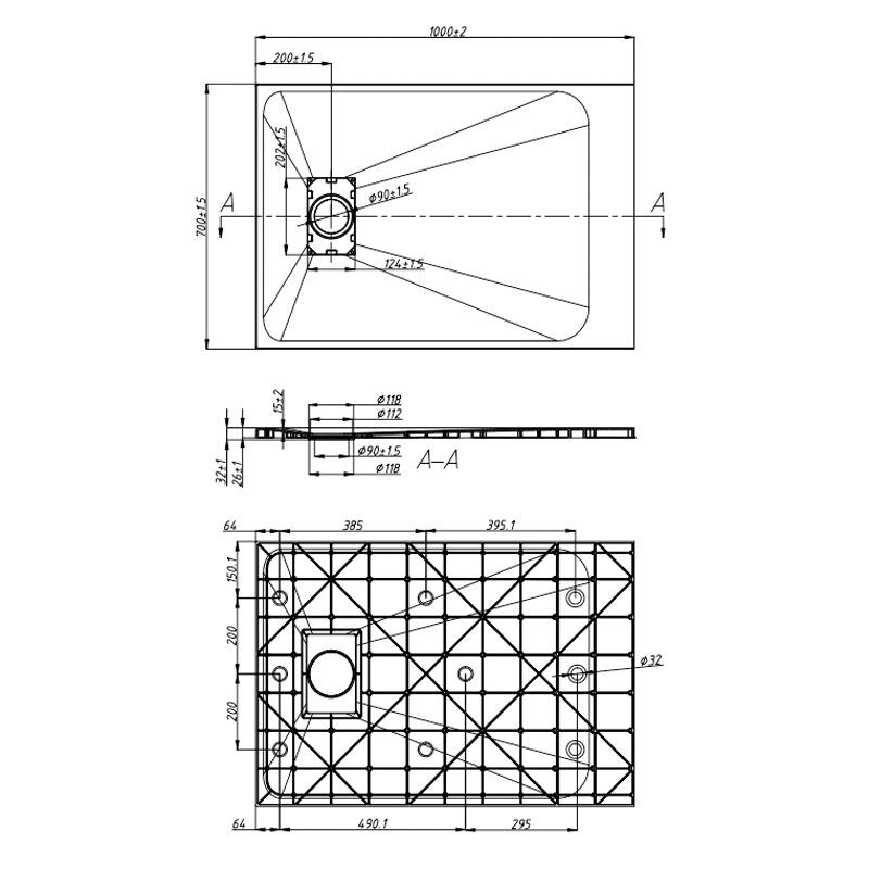 Rysunek techniczny brodzika prysznicowego z wymiarami: 1000x700 mm. Widoczne są szczegółowe oznaczenia wymiarów i przekroje elementów konstrukcyjnych.