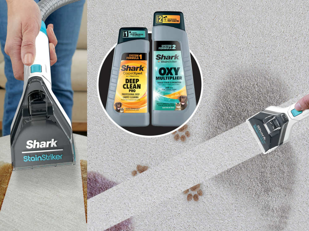 Osoba używa odkurzacza piorącego Shark StainStriker na powierzchni z widocznymi plamami. Obok znajdują się dwa produkty czyszczące: \'Shark Deep Clean Pro\' i \'Shark Oxy Multiplier\'.