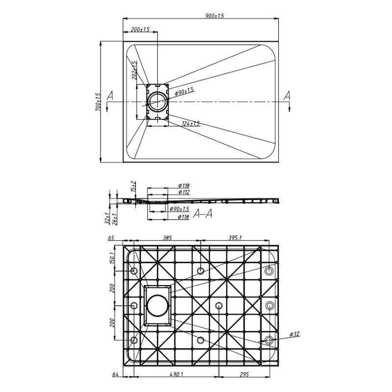 Rysunek techniczny brodzika prysznicowego o wymiarach 900x700 mm z widocznymi wymiarami i przekrojem A-A. Zawiera szczegółowe oznaczenia otworów i grubości materiału.
