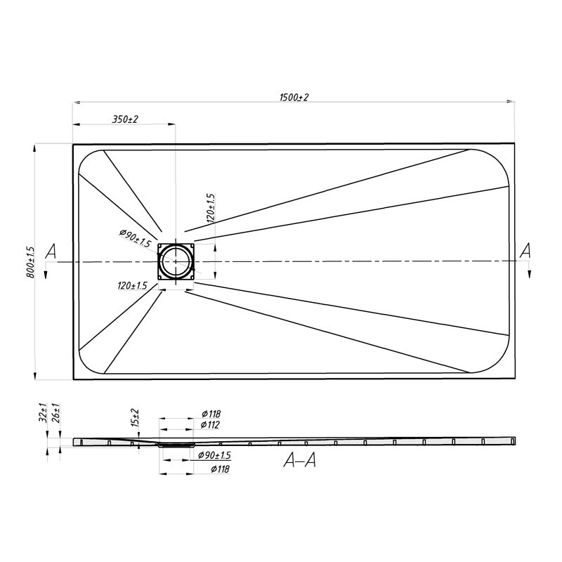 Rysunek techniczny prostokątnego brodzika prysznicowego z wymiarami 1500x800 mm. Widoczne są szczegóły konstrukcyjne, takie jak otwór odpływowy i przekrój A-A.