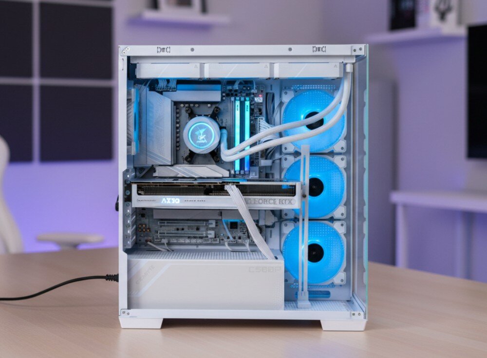 Komputer MAD DOG Powered By Gigabyte C500-ICE-A07DR32 Widok na wprost przeszklonej obudowy komputerowej z podświetlanymi wentylatorami, chłodzeniem procesora oraz kartą graficzną wewnątrz